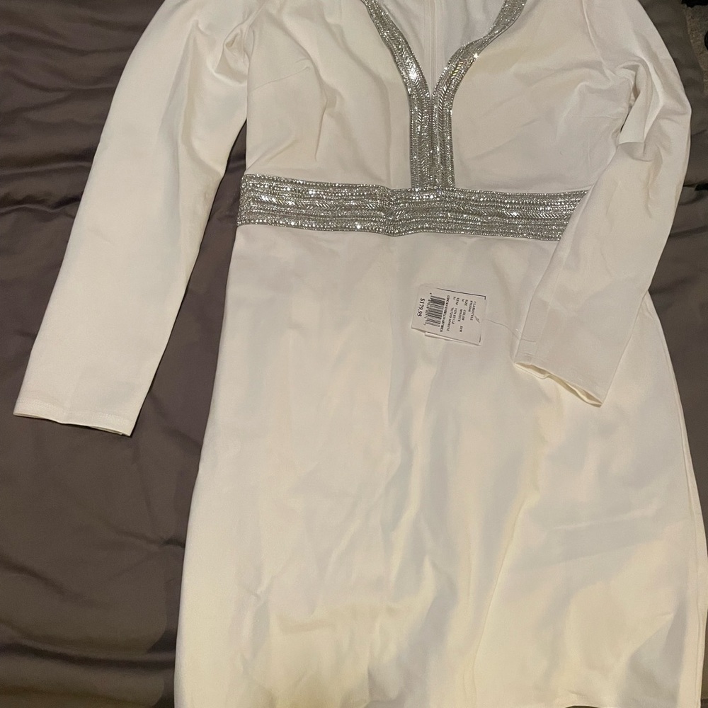 David’s Bridal white short dress with silver-perfect for elopement, bachlorette!
